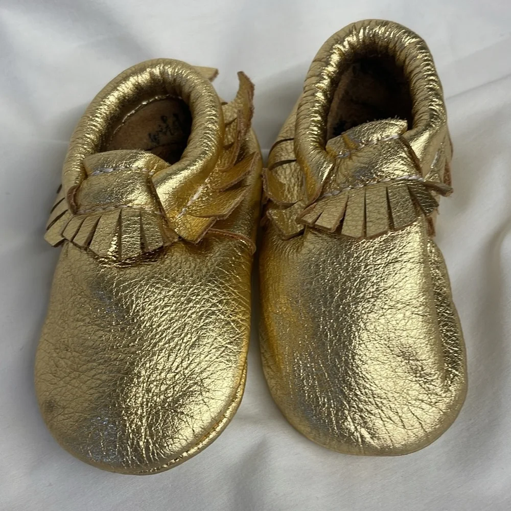 Infants Gold moccasin shoes size 3 months